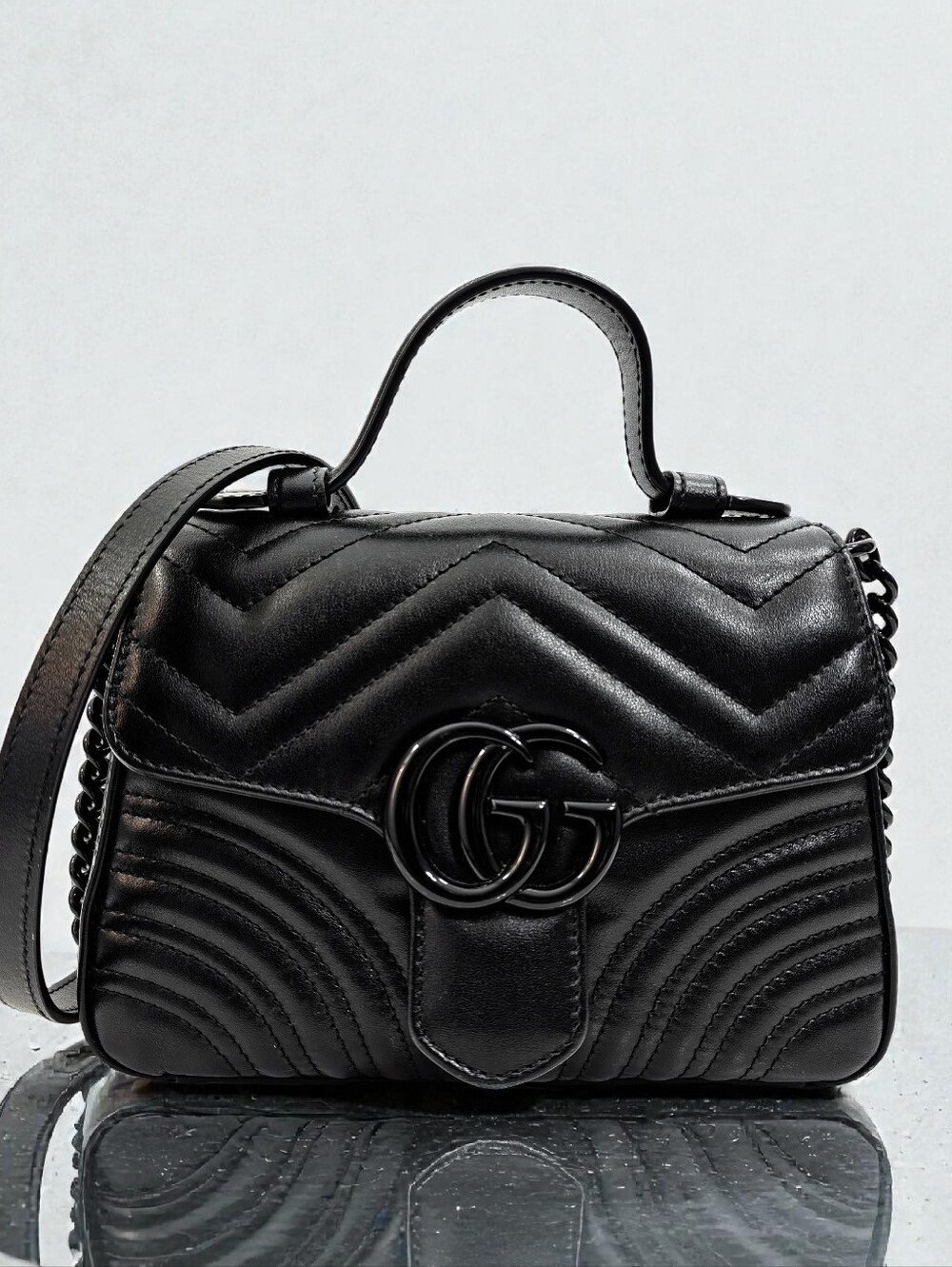 Gucci Black Leather GG Marmont Mini Top Handle Crossbody Bag